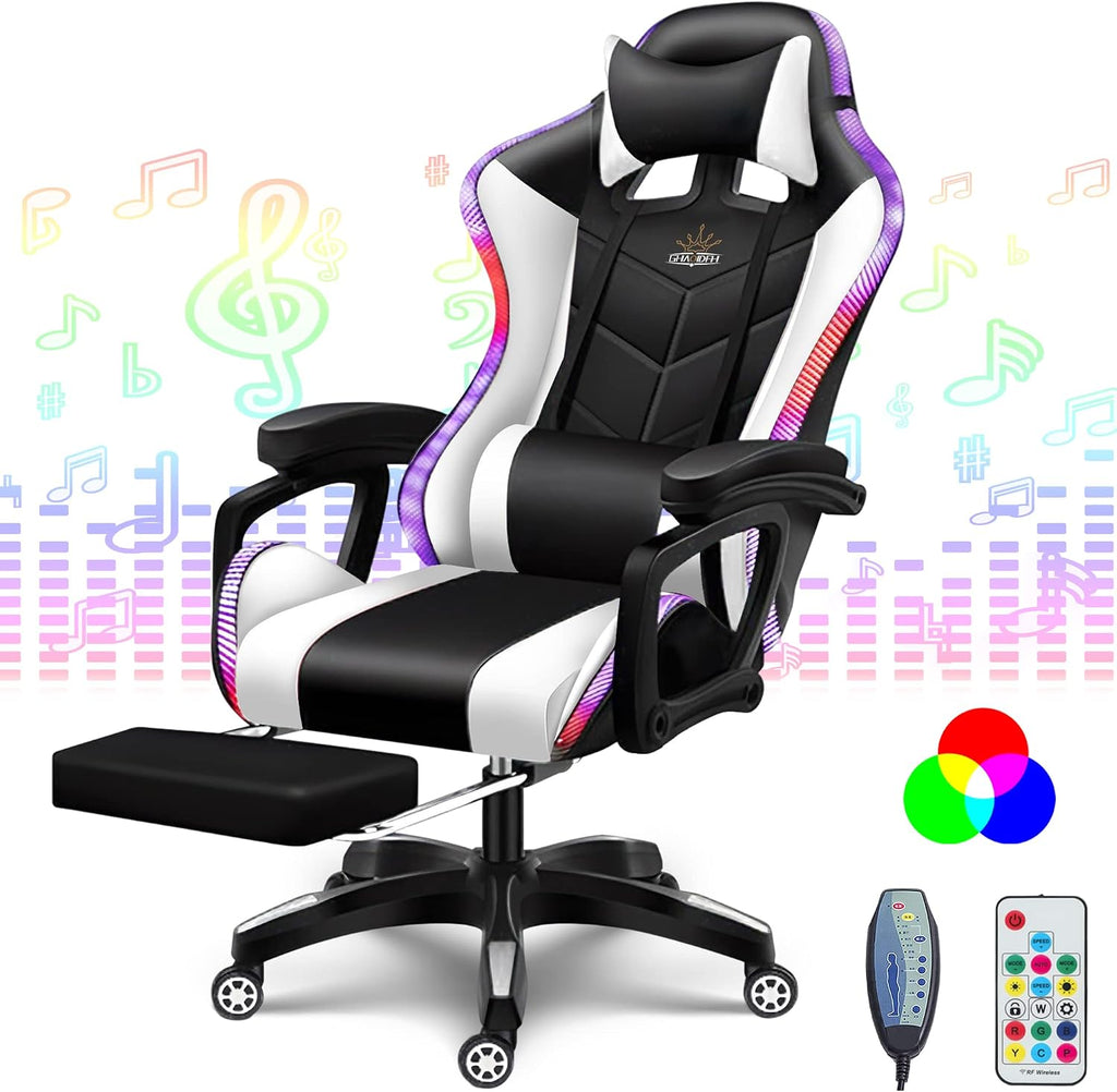 RGB Computer Chair with Footrest Full Massage Gaming Chair with Speakers Video Game Chair with Lumbar Support Headrest PU Leather 360°Swivel Recliner Chair High Back Office Chair for Gaming,White