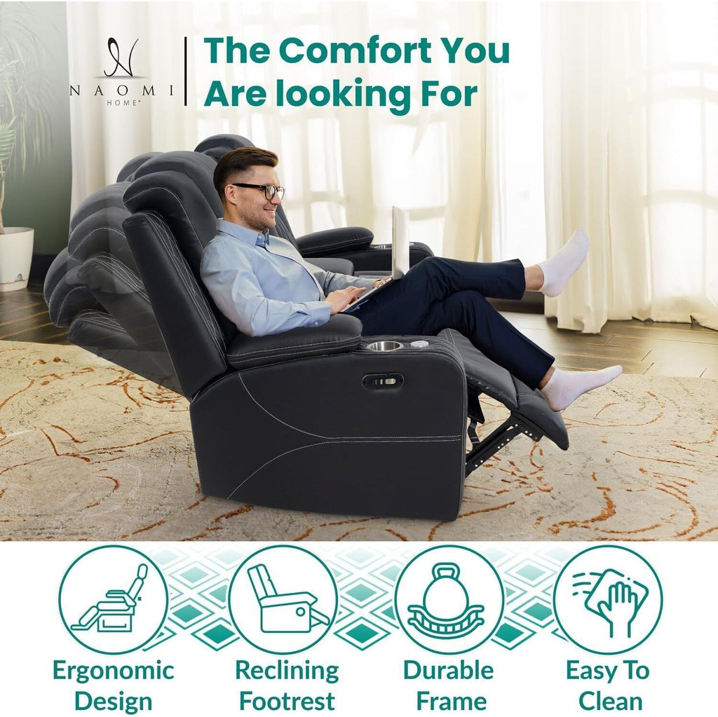 Naomi Home Chicago Home Theater Recliner Chair – Bluetooth Speakers, Wireless Charging, Power Recline, Adjustable Headrest, LED Lighting, Cup Holders & Premium Faux Leather for Ultimate Comfort