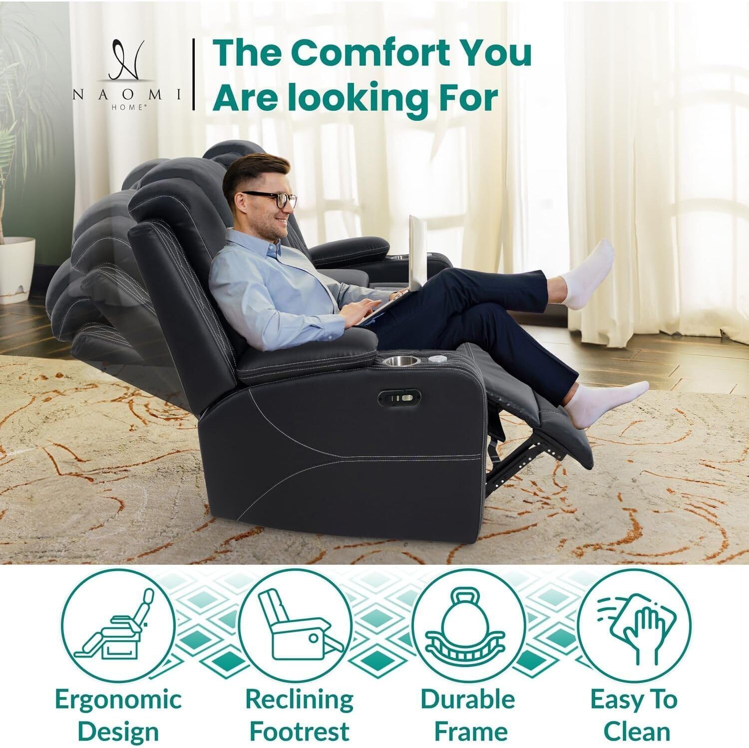Naomi Home Chicago Home Theater Recliner Chair – Bluetooth Speakers, Wireless Charging, Power Recline, Adjustable Headrest, LED Lighting, Cup Holders & Premium Faux Leather for Ultimate Comfort