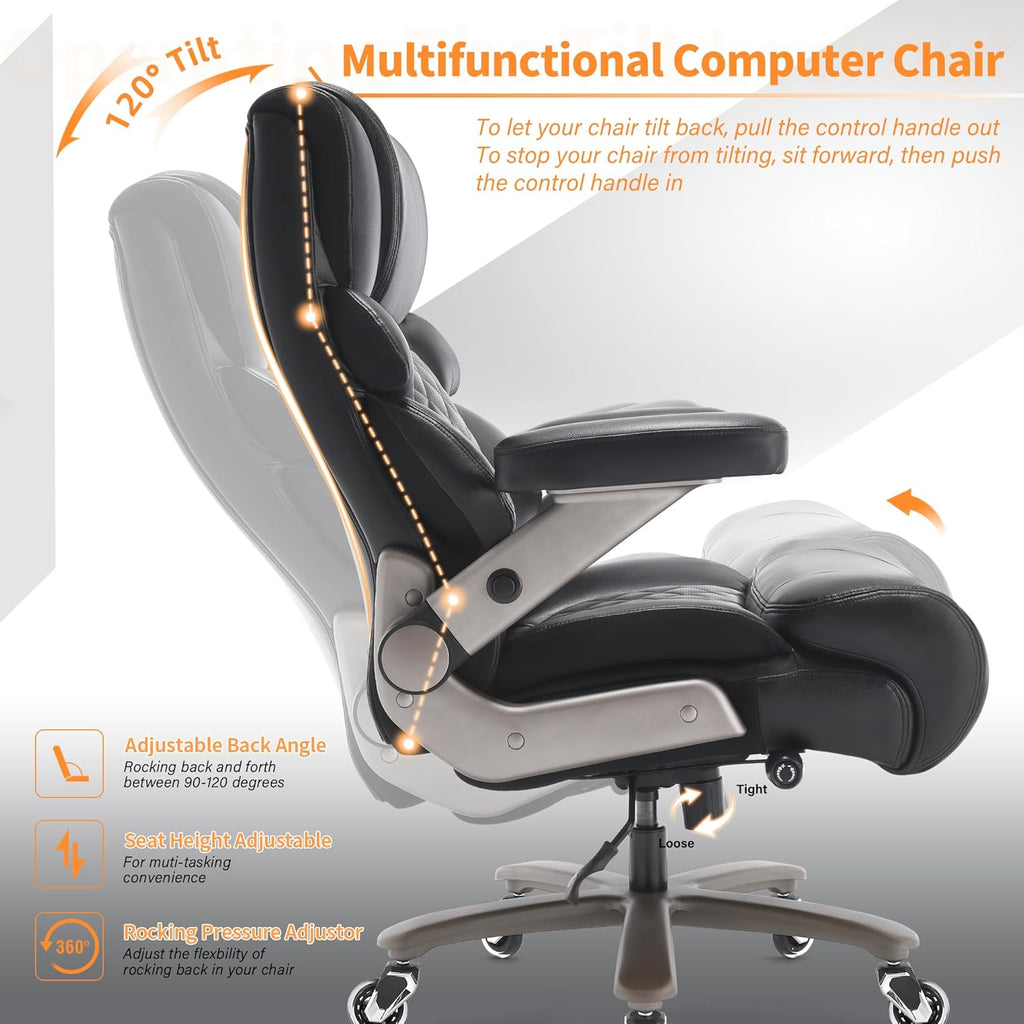 VUZI 700lbs Big and Tall Office Chair-Large Computer Chair with Adjustable Lumbar Support 3D Flip Arms Plus Size Wheels, High Back Executive Desk Chair, Heavy Duty Metal Base, Thick Padded Wide Seat