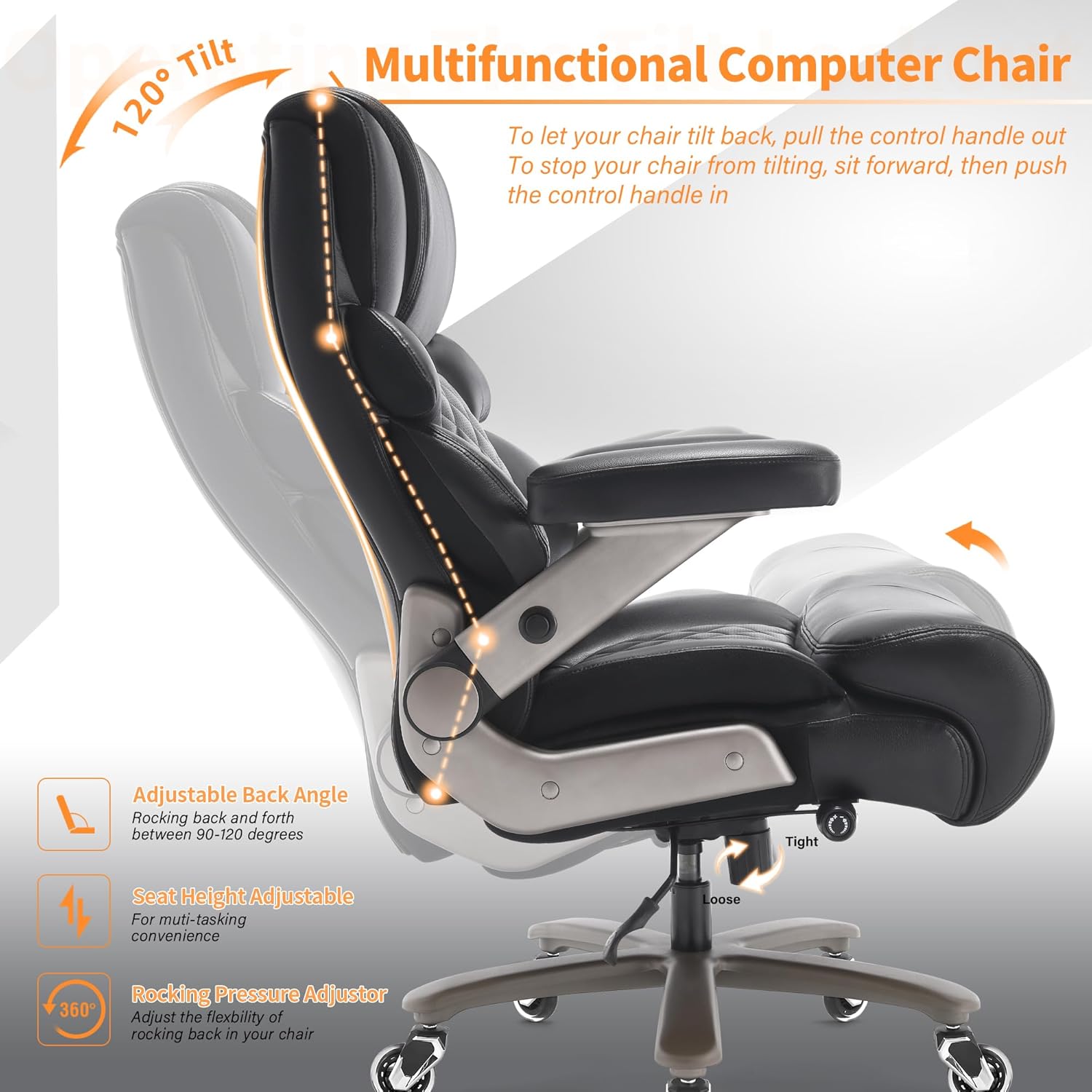 VUZI 700lbs Big and Tall Office Chair-Large Computer Chair with Adjustable Lumbar Support 3D Flip Arms Plus Size Wheels, High Back Executive Desk Chair, Heavy Duty Metal Base, Thick Padded Wide Seat