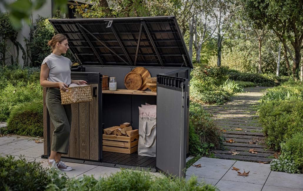 Keter Signature Horizontal Garden Shed Weatherproof 2020L Storage Lockable with Gas Struts Walnut Look 75' x 43' x 52'