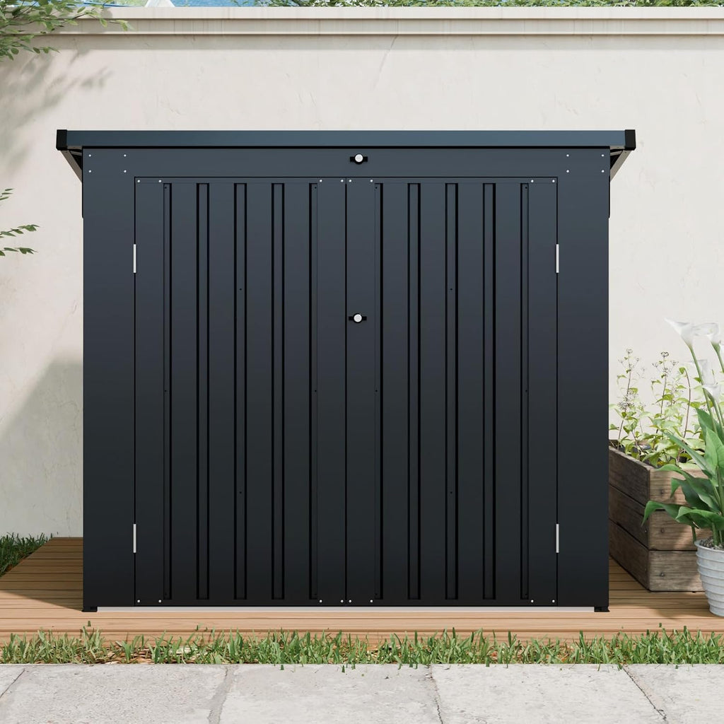 Metal Outdoor Storage Shed, Black, Galvanized Steel, 64.75x41.5x54.25 Inch, Rust Resistant, Lockable Doors, Fits 2 Trash Bins, for Garden Yard Storage