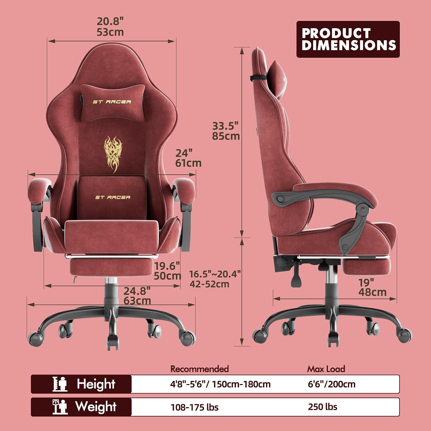 Huracan Velvet Fabric Gaming Chair with Footrest for Adults, Ergonomic Gaming Chairs with Massage Lumbar, Reclining Racing Computer Chair with Spring Cushion for Home Office Video Game, Red