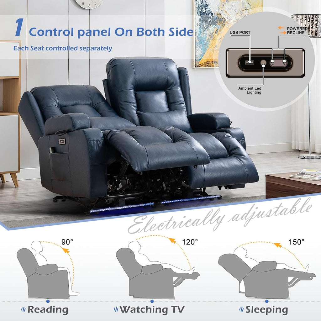 Loveseat Recliner Sofa, Leather Sofa with Massage & Heating, Home Theater Seating Power Reclining Loveseat with LED Light/Cup Holders/Lumbar Pillow (Blue, Loveseat)