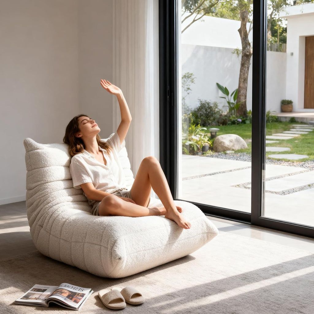 Giant Bean Bag Chair for Adults, Fireside Beanbag for Living Room with Memory Foam Filled, Lazy Floor Sofa Lounge Armless Chair for Gaming Reading Relaxing, No Assembly Required White