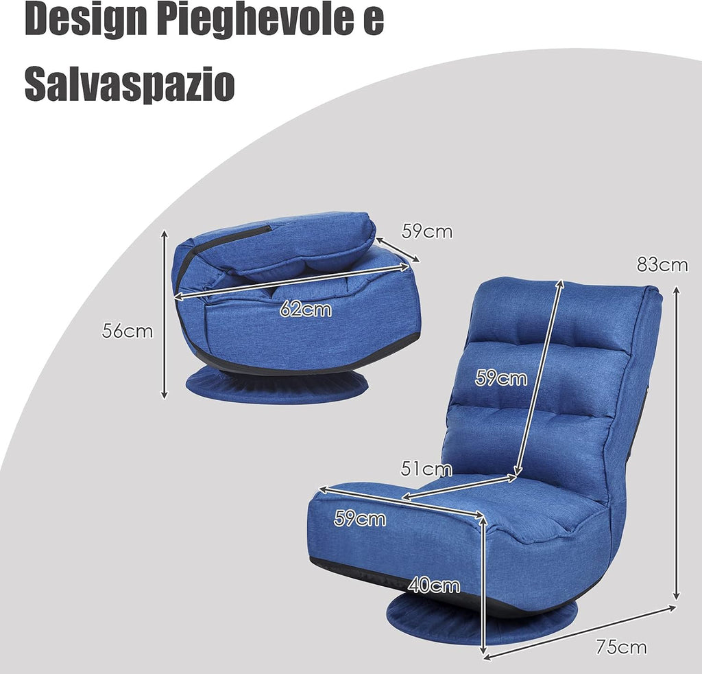 ERGOMASTER Reclining Folding Floor Gaming Chair for Home, Office and Lounging, Reading w/ 360-Degree Swivel, 5 Adjustable Positions, Tufted Cushions （Blue）