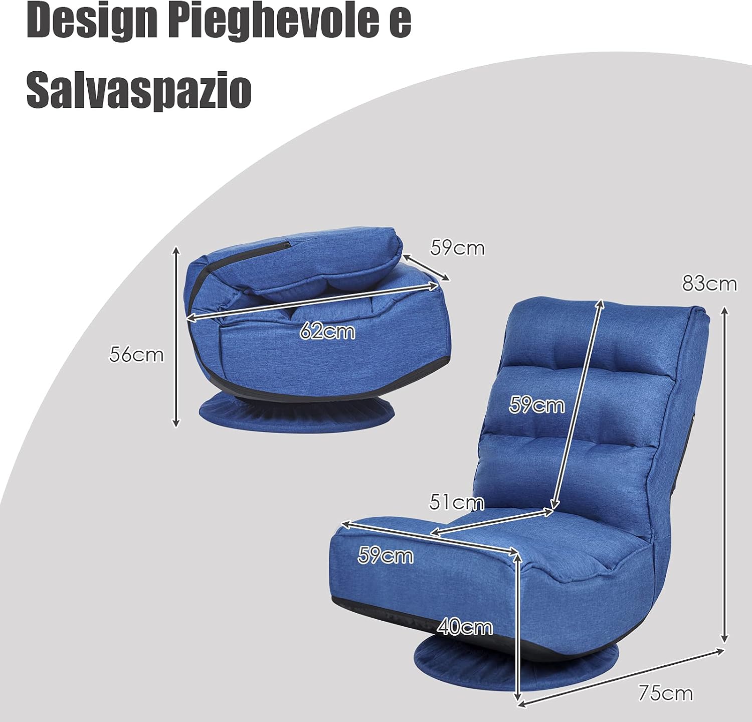 ERGOMASTER Reclining Folding Floor Gaming Chair for Home, Office and Lounging, Reading w/ 360-Degree Swivel, 5 Adjustable Positions, Tufted Cushions （Blue）