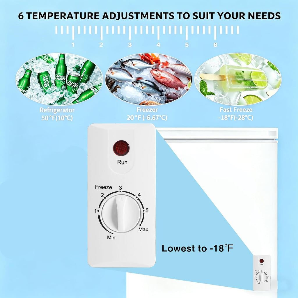 Compact Deep Freezer, 3.6 Cu Ft Chest Freezer with 6 Adjustable Thermostat, Top Open Door Freezer with Removable Basket, Energy Saving Freezer for Home, Apartment, Office, White