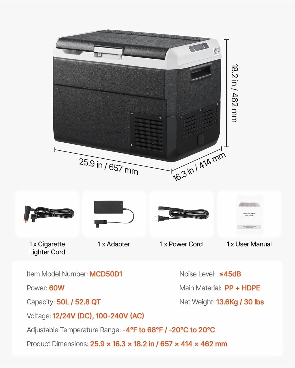 12 Volt Car Refrigerator 52.8QT, Portable Car Fridge Freezer -4°F~68°F, Electric Cooler for Camping, Travel, RV, 12/24V DC & 110-240V Compressor