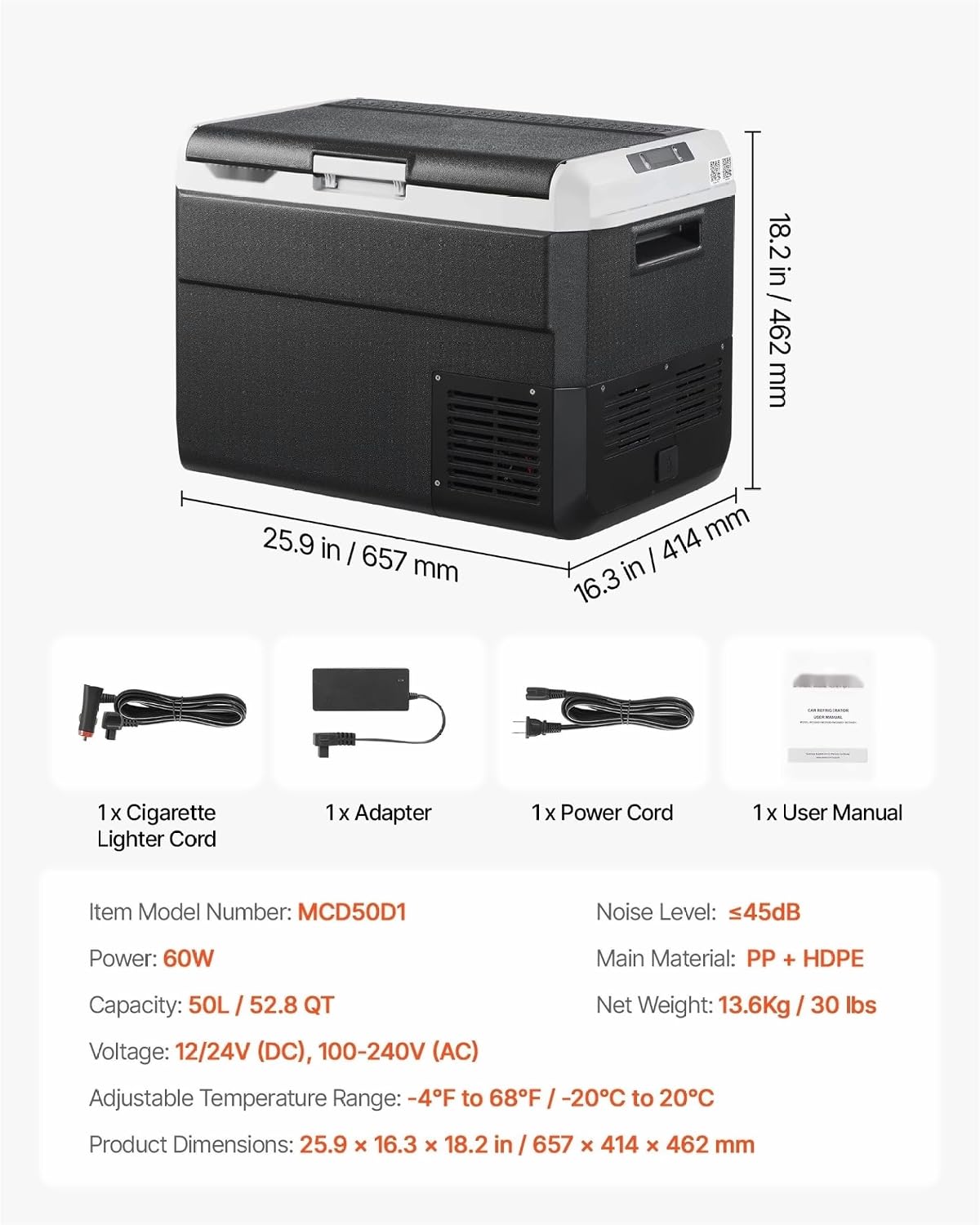 12 Volt Car Refrigerator 52.8QT, Portable Car Fridge Freezer -4°F~68°F, Electric Cooler for Camping, Travel, RV, 12/24V DC & 110-240V Compressor