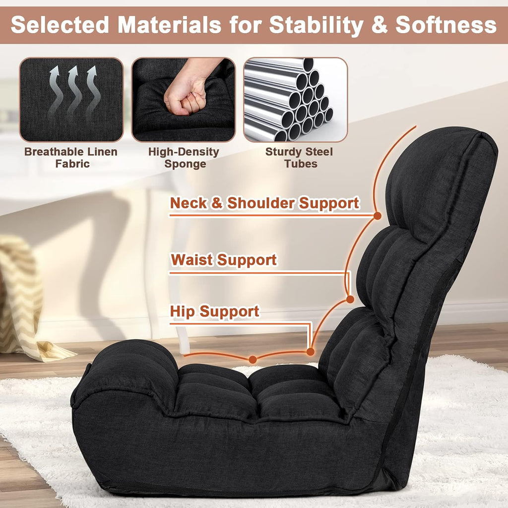 LDAILY Moccha Folding Floor Chair, Adjustable Sofa Chair with 5-Position Headrest & 4-Position Backrest, Floor Gaming Chairs with Thicken Cushion, Padded Chaise Lounge for Bedroom, Living Room, Black