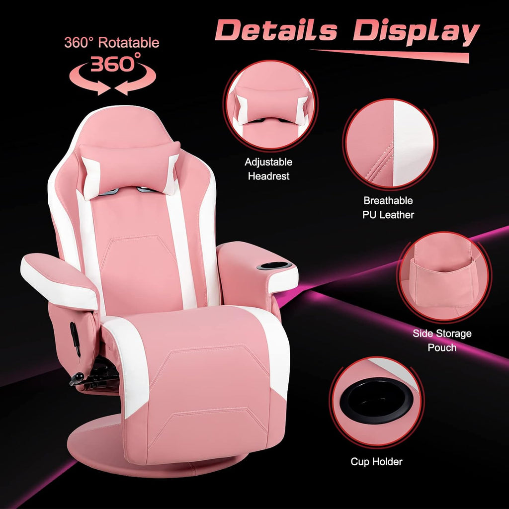 GYMAX Gaming Chair with Footrest, Massage Video Game Chairs for Adults with Remote, Adjustable Backrest, Headrest, Cup Holder & Side Pocket, Ergonomic High Back Office Computer Chair (Pink)