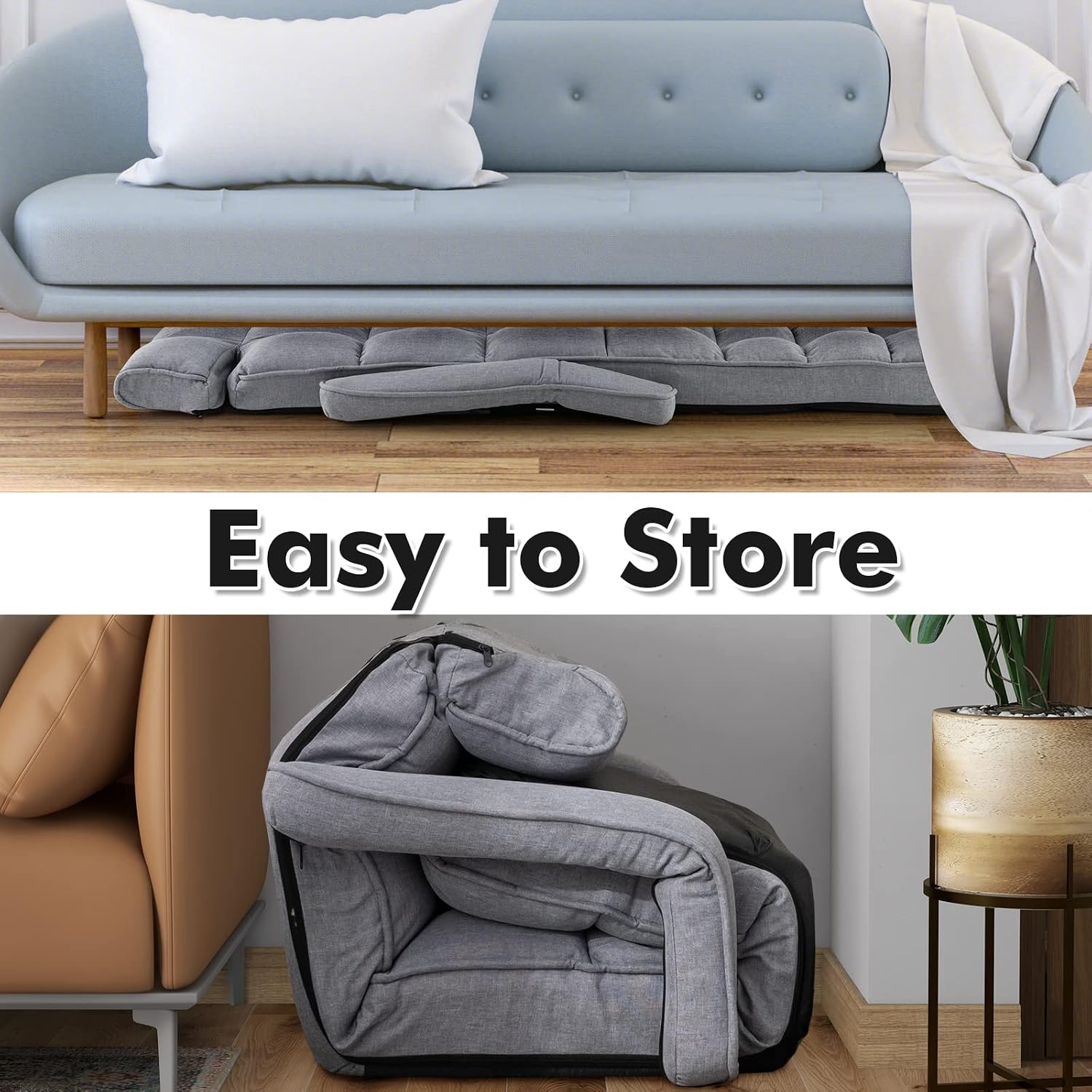 KOMFOTT Foldable Floor Lazy Sofa, Indoor Chaise Lounge Sofa with 6 Adjustable Positions, Folding Chair Bed with Adjustable Armrests, Backrest & Footrest, Ideal for Living Room, Bedroom (Grey)