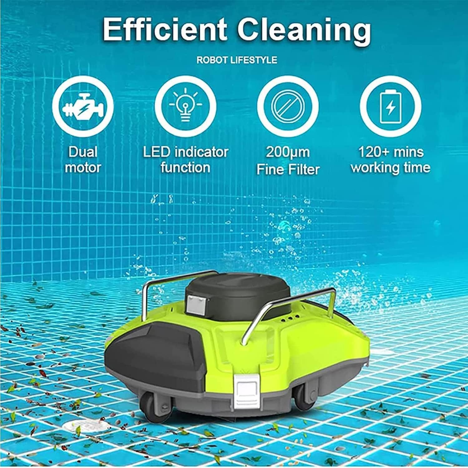 Automatic Cordless Pool Cleaning Robot,Dual-Motor, Self-Parking, Pool Cleaning Equipment Swimming Pool Vacuum Cleaning Robotic Rechargeable