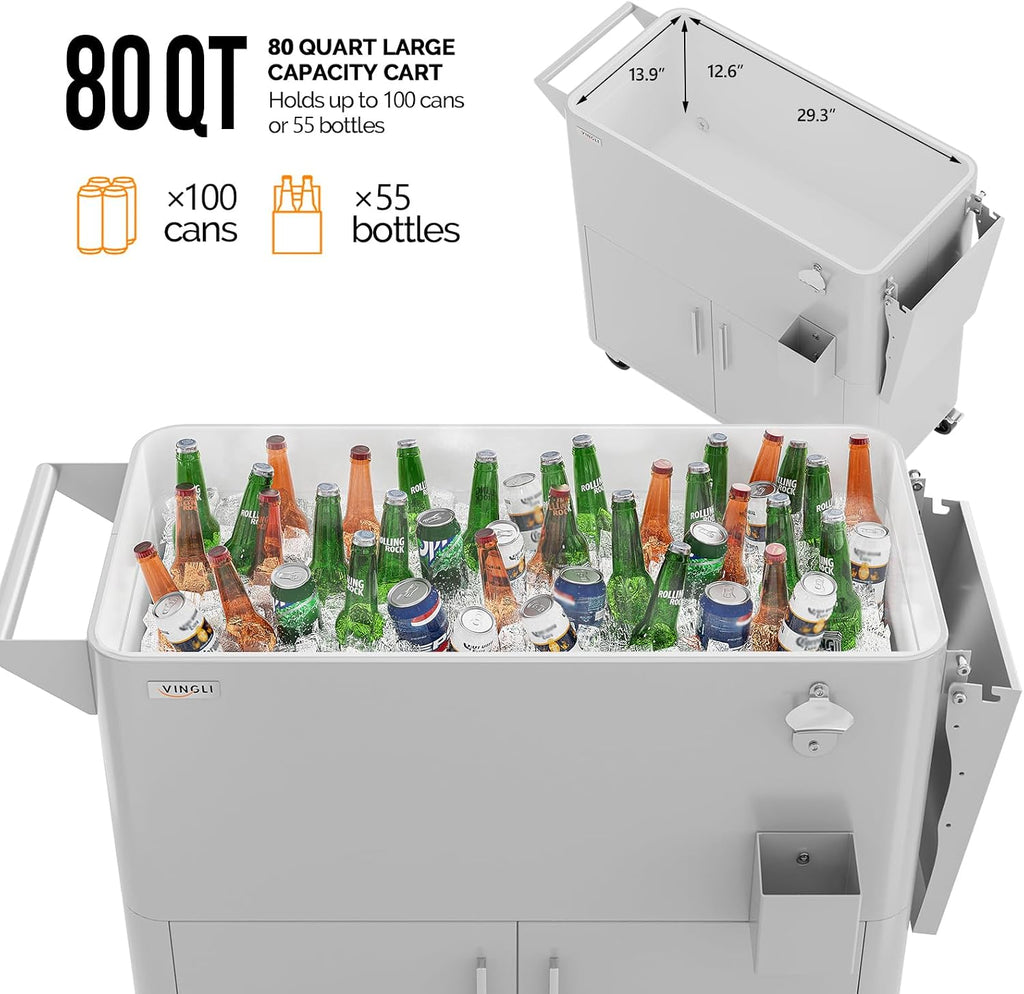 VINGLI 80 Quart Rolling Ice Chest on Wheels, Portable Patio Party Bar Drink Cooler Cart, with Shelf, Beverage Pool with Bottle Opener,Water Pipe