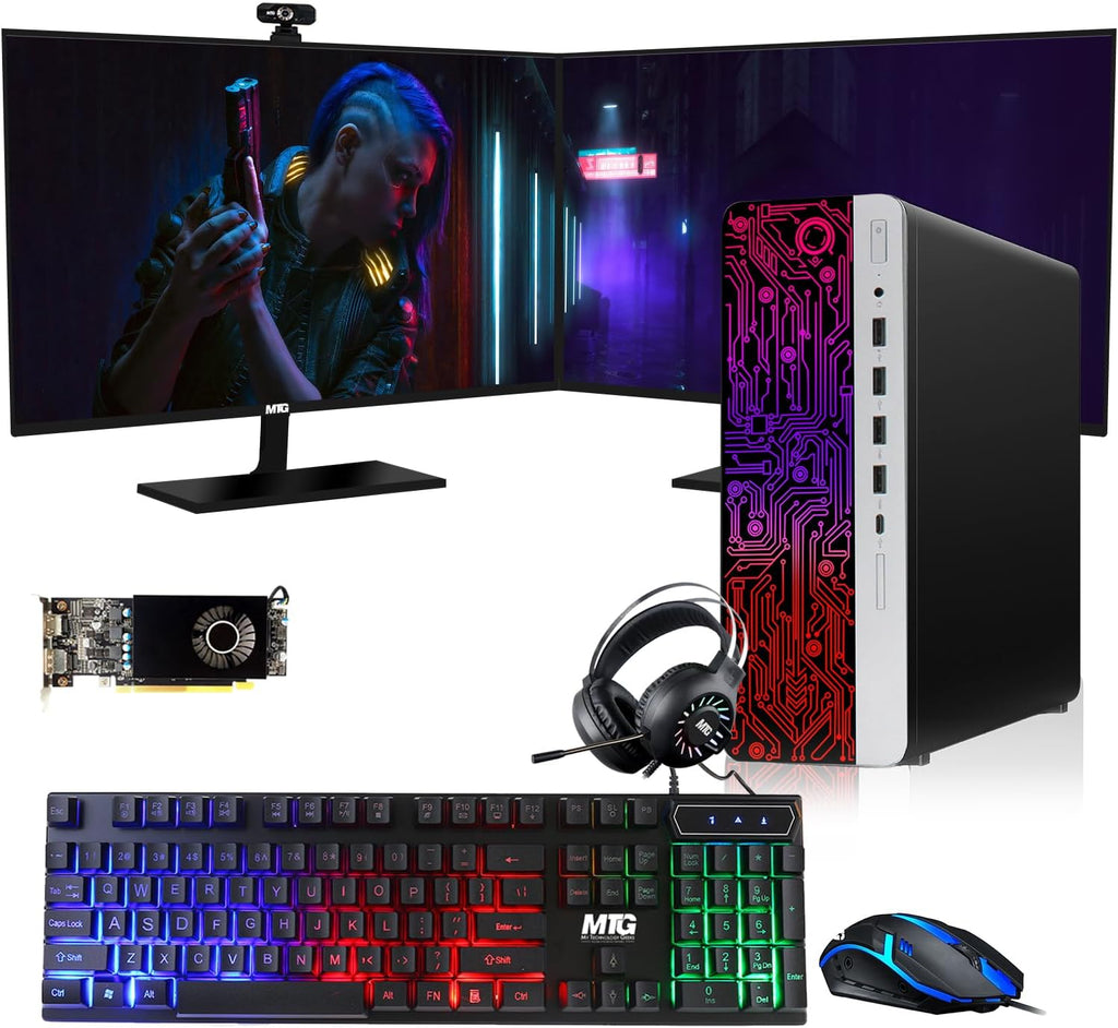 HP G3 Gaming Desktop PC, Intel Core i7 6th Gen, RX 550 Graphics, 16GB RAM, 240GB SSD | 2TB HDD, MTG New 24 Inch Dual Monitor, RGB Keyboard Mouse, RGB Headphone, Webcam, Windows 11 Pro (Renewed)