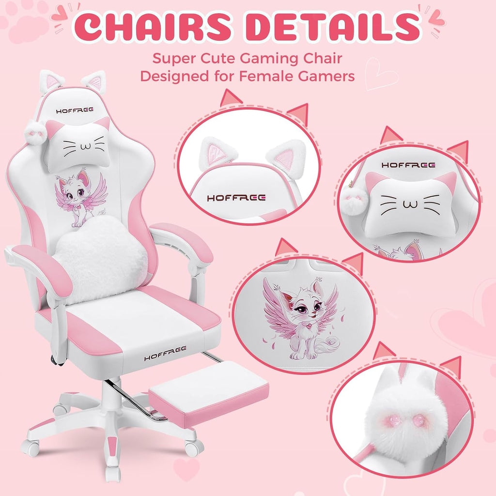 HOFFREE Pink Gaming Chair with Cat Ears and Cloud Massage Lumbar Ergonomic Cute Computer Chair for Girls with Footrest Comfortable Reclining Game Chairs for Adults Pink and White