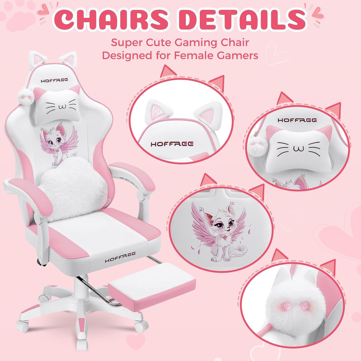 HOFFREE Pink Gaming Chair with Cat Ears and Cloud Massage Lumbar Ergonomic Cute Computer Chair for Girls with Footrest Comfortable Reclining Game Chairs for Adults Pink and White