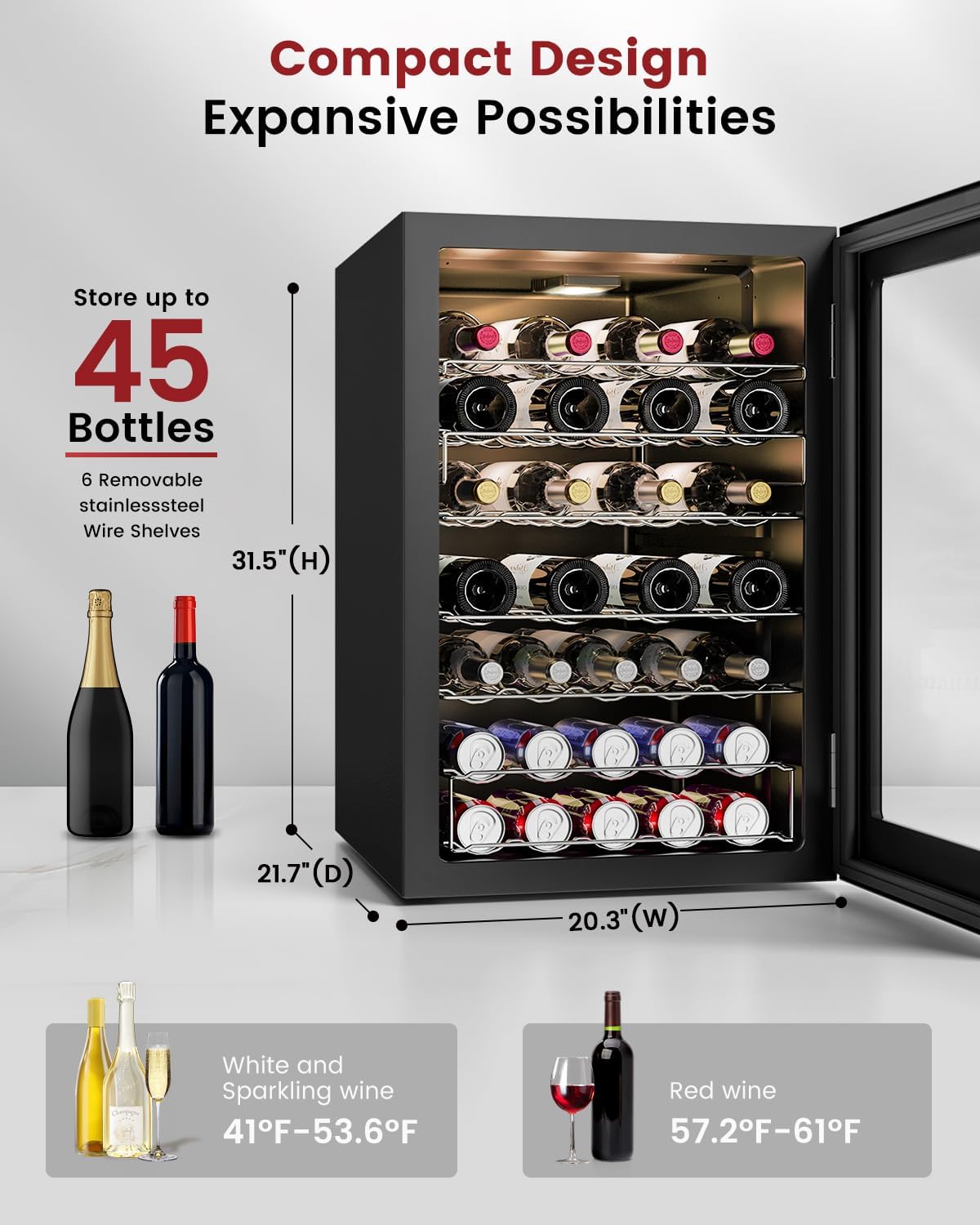 Feelfunn 4.5 Cu.Ft Wine Cooler Refrigerator - 45 Bottle Wine Fridge with Glass Door for Beer Soda Water Drink, Small Wine Cellar Beverage Refrigerator for Bedroom Home Office Bar Dorm, Black