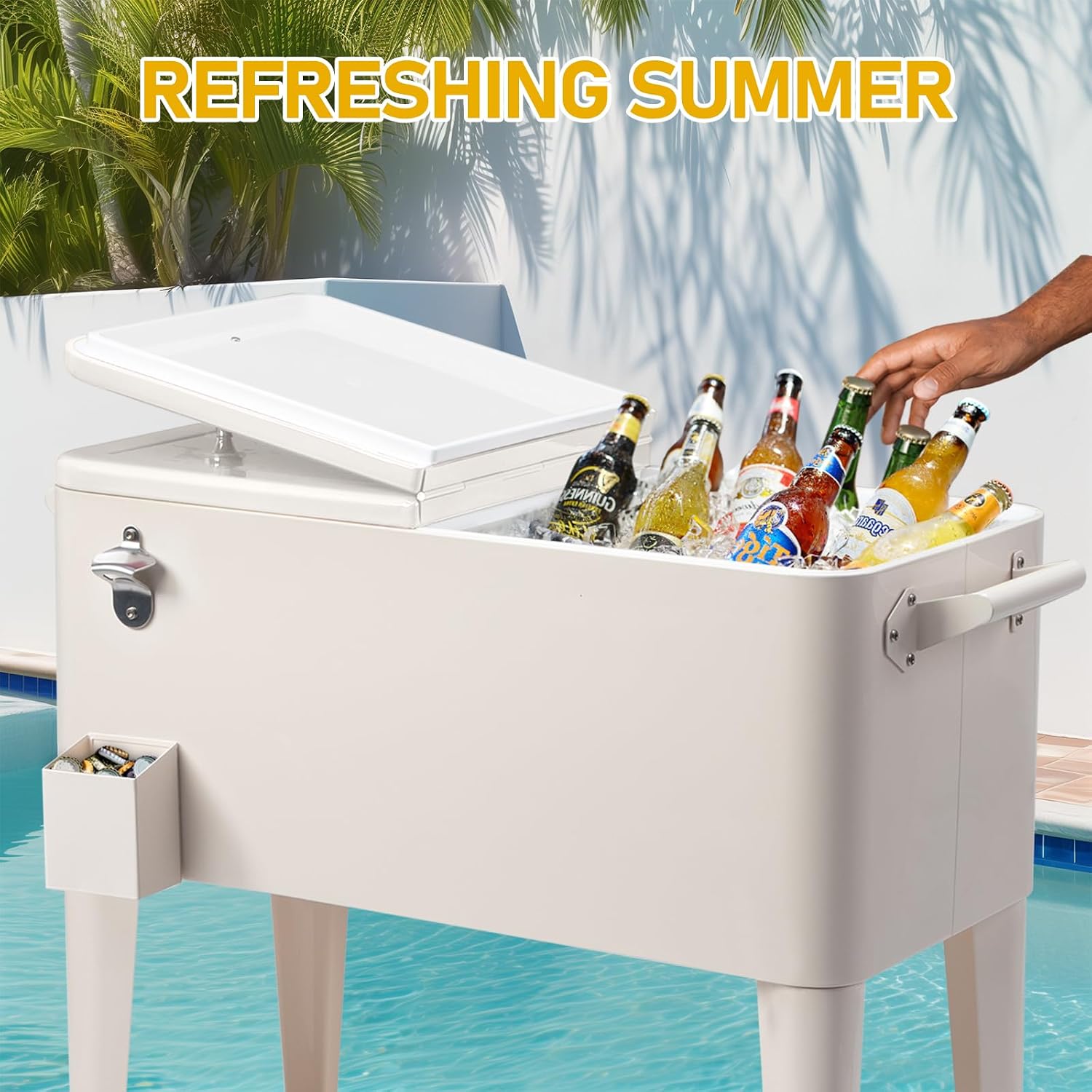 Outvita 80 Quart Rolling Ice Chest, Portable Bar Drink Cooler with Catch Basin, Bottom Storage Tray and Bottle Opener for Patio Party BBQ Beach Activities