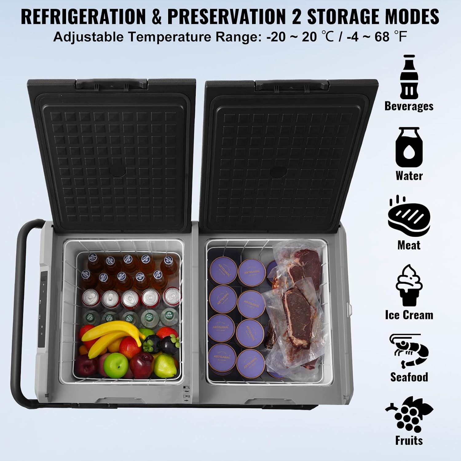 VEVOR Car Refrigerator 115L, Dual Zone Portable Freezer with Wheels & Handle, -4℉ to 68℉, 12/24V DC & 100-240V AC Compressor Cooler for Camping, Outdoor, RV