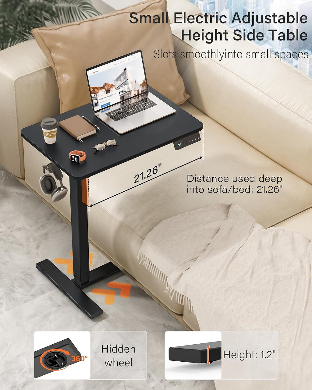 FiCiHi Electric Standing Desk with Wheels – Adjustable Height Mobile Sit-Stand Laptop Table, Portable Rolling Small Computer Workstation for Home Office & Bedside Use (28'x16', Black)
