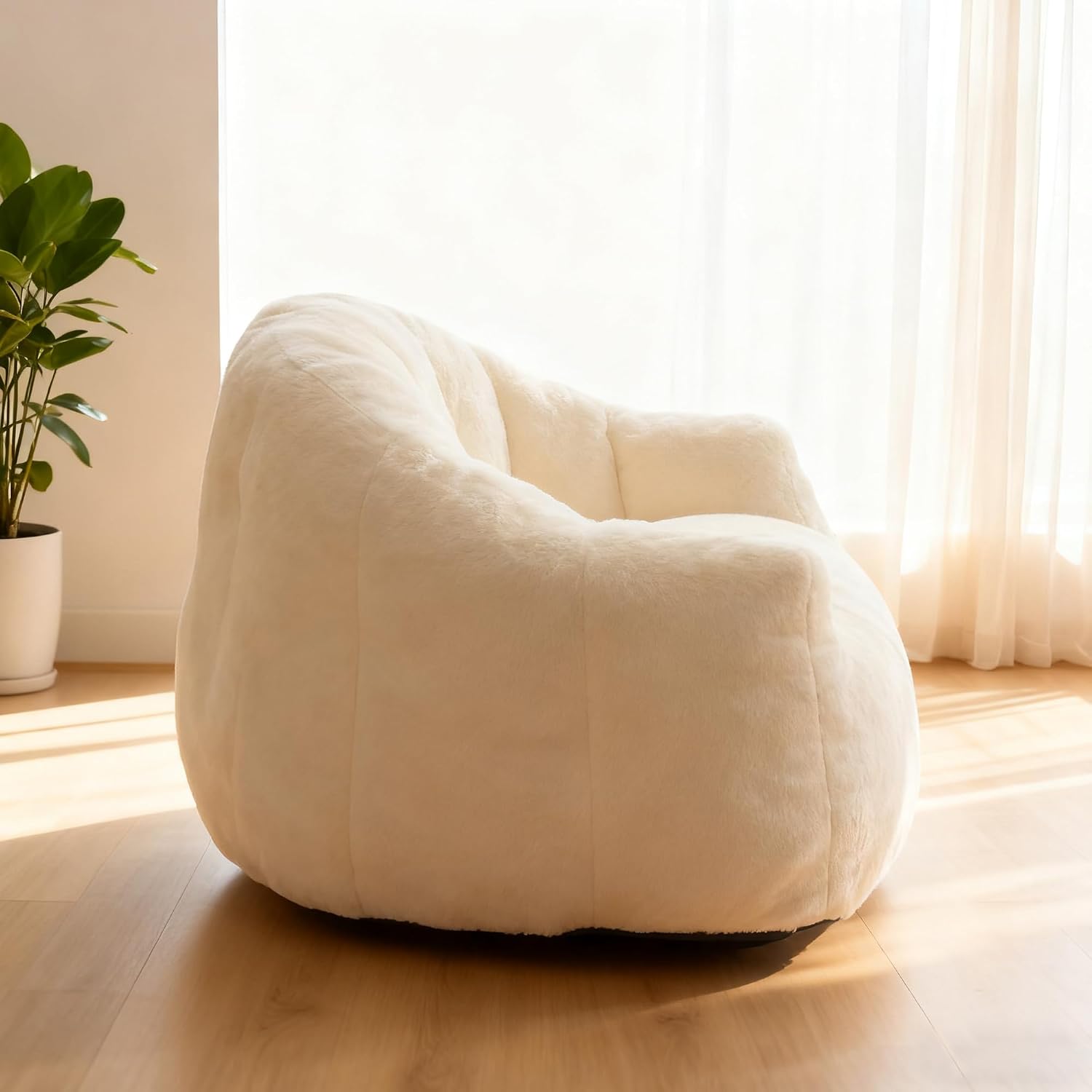 Bean Bag Chair, Giant Beanbag Chiars for Adults and Teens, Faux Fur Shell-Shaped Floor Sofa with Filler, Comfy Chair for Reading, Gaming and Relax (Beige)