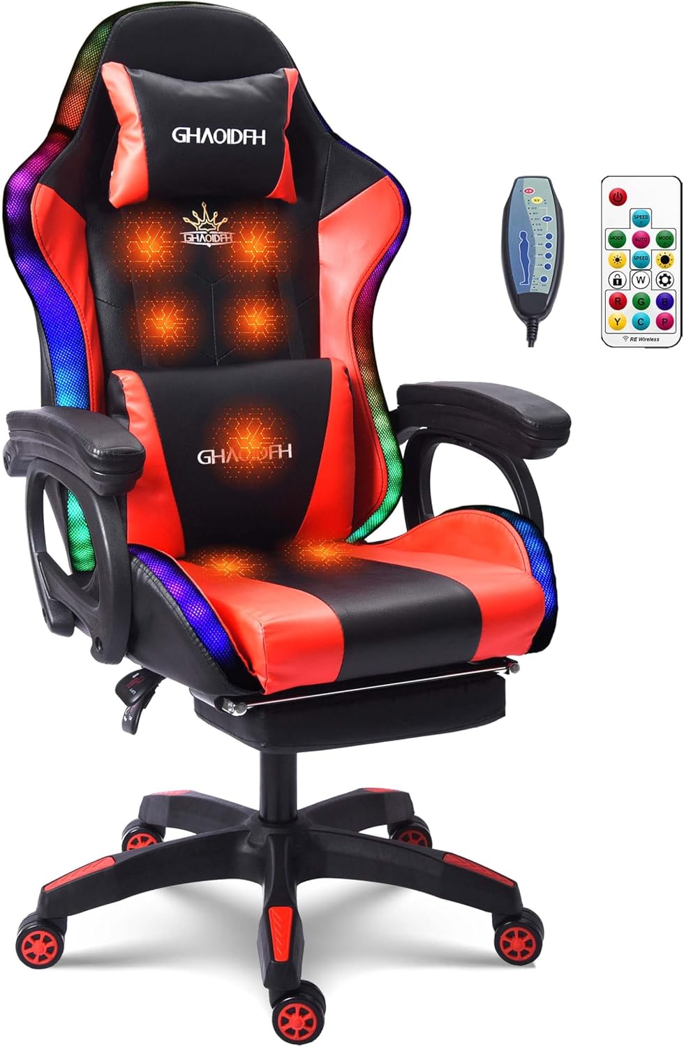 Massage Gaming Chair with Speakers and LED Light, Ergonomic Computer Gaming Chair with Footrest and Adjustable Lumbar Support, PU Leather, 90°-135°, Racing Video Gaming Chair.,Red