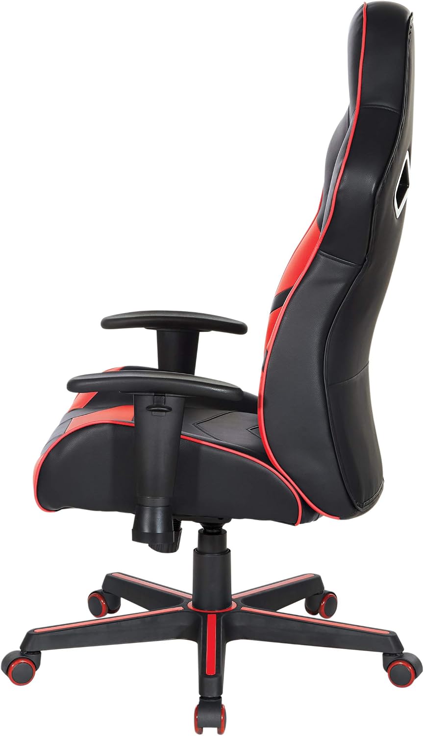 OSP Home Furnishings Vapor Ergonomic Adjustable High Back Faux Leather Gaming Chair with Coil Spring Seat and Integrated Cooling Airflow, Red Accents