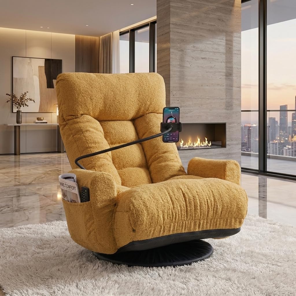 Gaming Chair Floor Sofa, Gaming Lounge Chair with 14-Section Head & 3-Section Waist Adjustment, 360° Swivel & Spring Seat for Gaming, Napping, Reading, Dorm, Small Apartment (Yellow)
