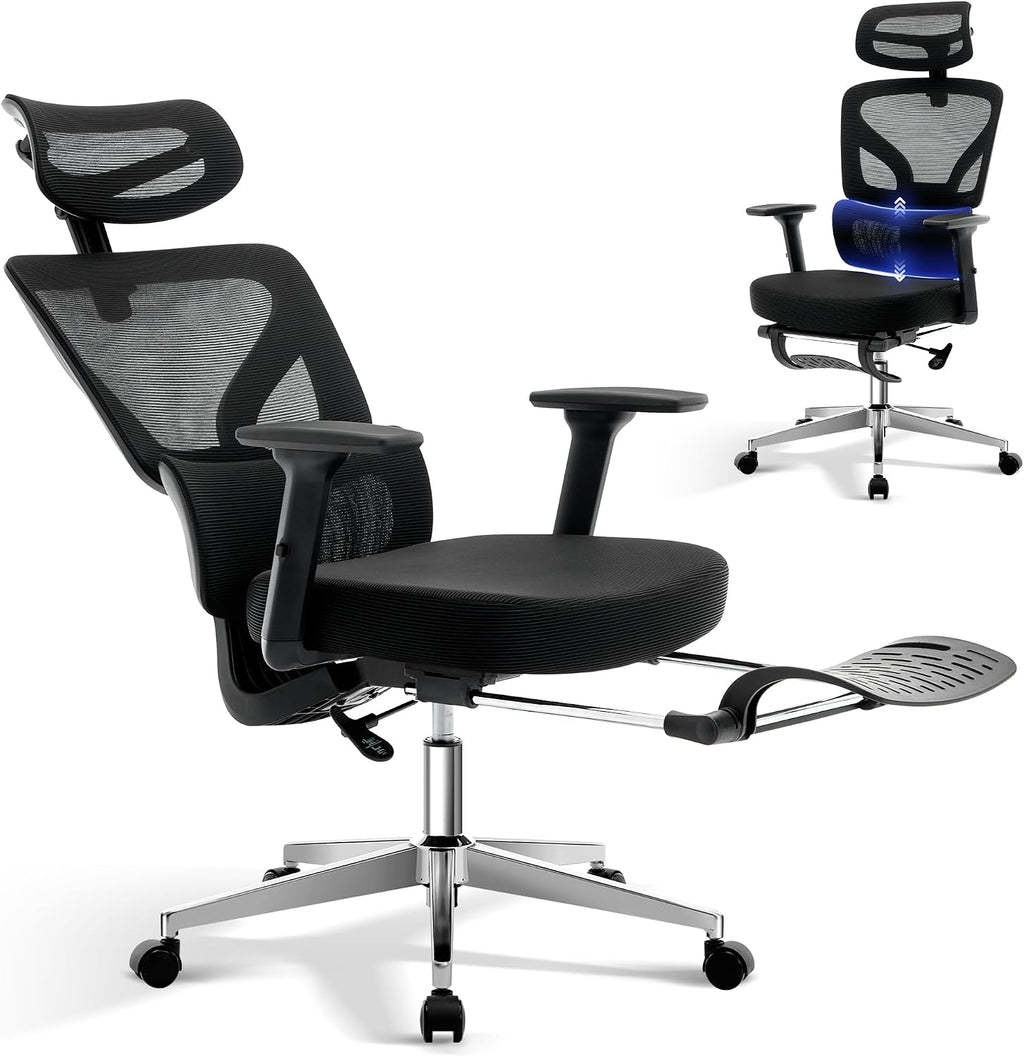 Office Chair Ergonomic Desk Chair - Home Mesh Chair with Adjustable Footrest Lumbar Support, High-Back Computer Gaming Chair with Headrest 3D Armrests, Rolling Swivel Task Chairs for Home, Office