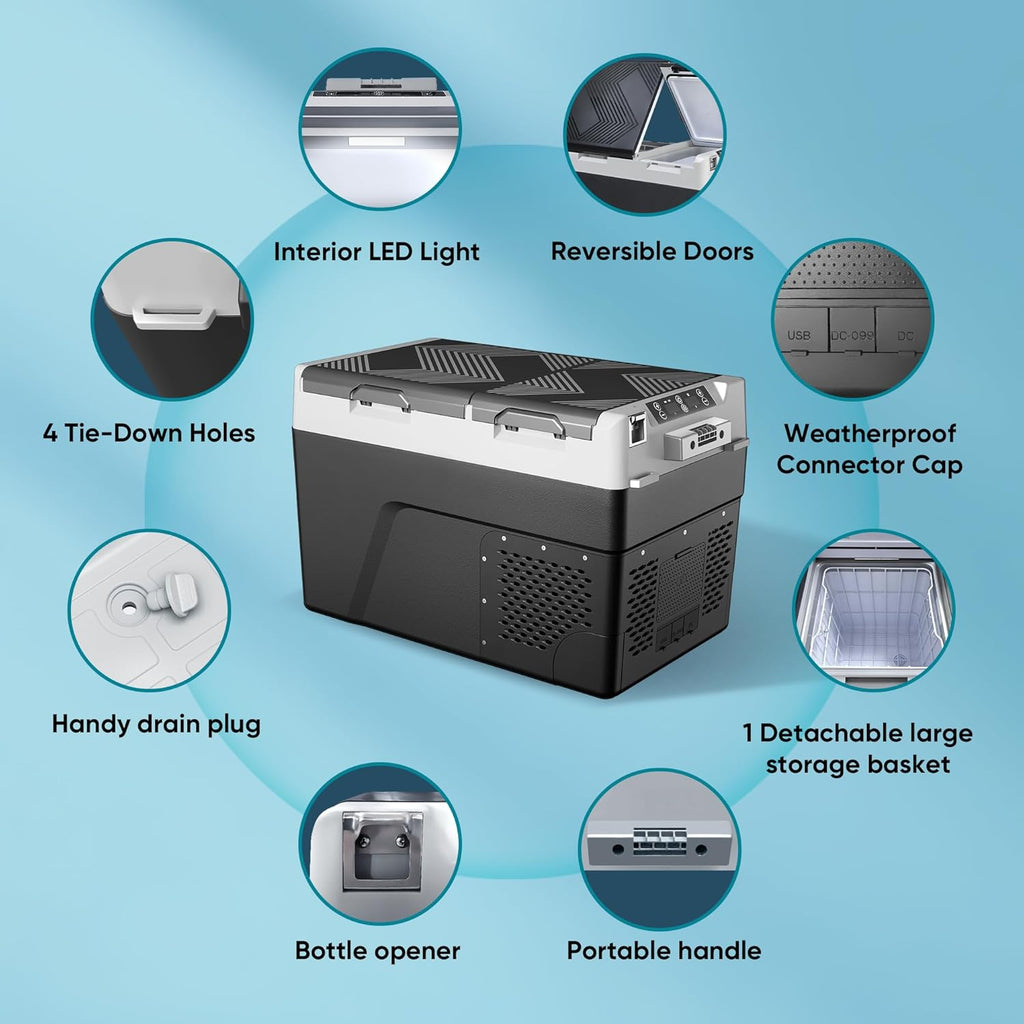 Feelfunn 12 Volt Refrigerator Electric Cooler - 40QT(38L) Dual Zone Portable Fridge, Car Fridge -4℉~68℉, Car Refrigerator 12/24V DC 100-240V AC, Portable Freezer for Travel Camping RV Home - Black