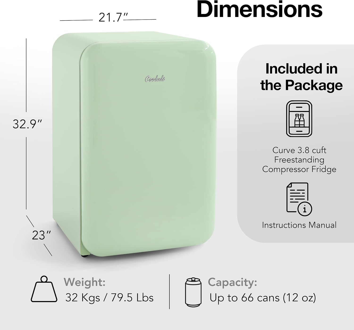 Cooluli Curve 3.8 cu ft Mini Fridge with Freezer - Small Refrigerator for Bedroom, Office, Dorm Room (Green, 3.2 cu.ft Refrigerator, 0.6 Freezer)