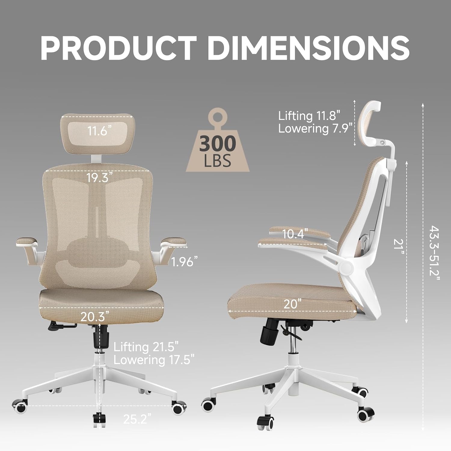 Ergonomic Office Chair with Adjustable Lumbar Support & Flip-Up Armrests - High Back Computer Desk Chair with Thickened Seat Cushion, Rolling Wheels for Home/Office Study Work (07khaki)