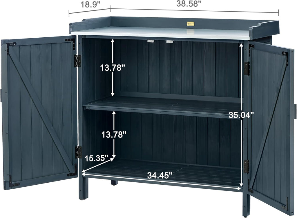 HABAU Outdoor Storage Cabinet with Potting Bench & Metal Tabletop, Wooden Planting Workstation for Garden Patio, Weatherproof