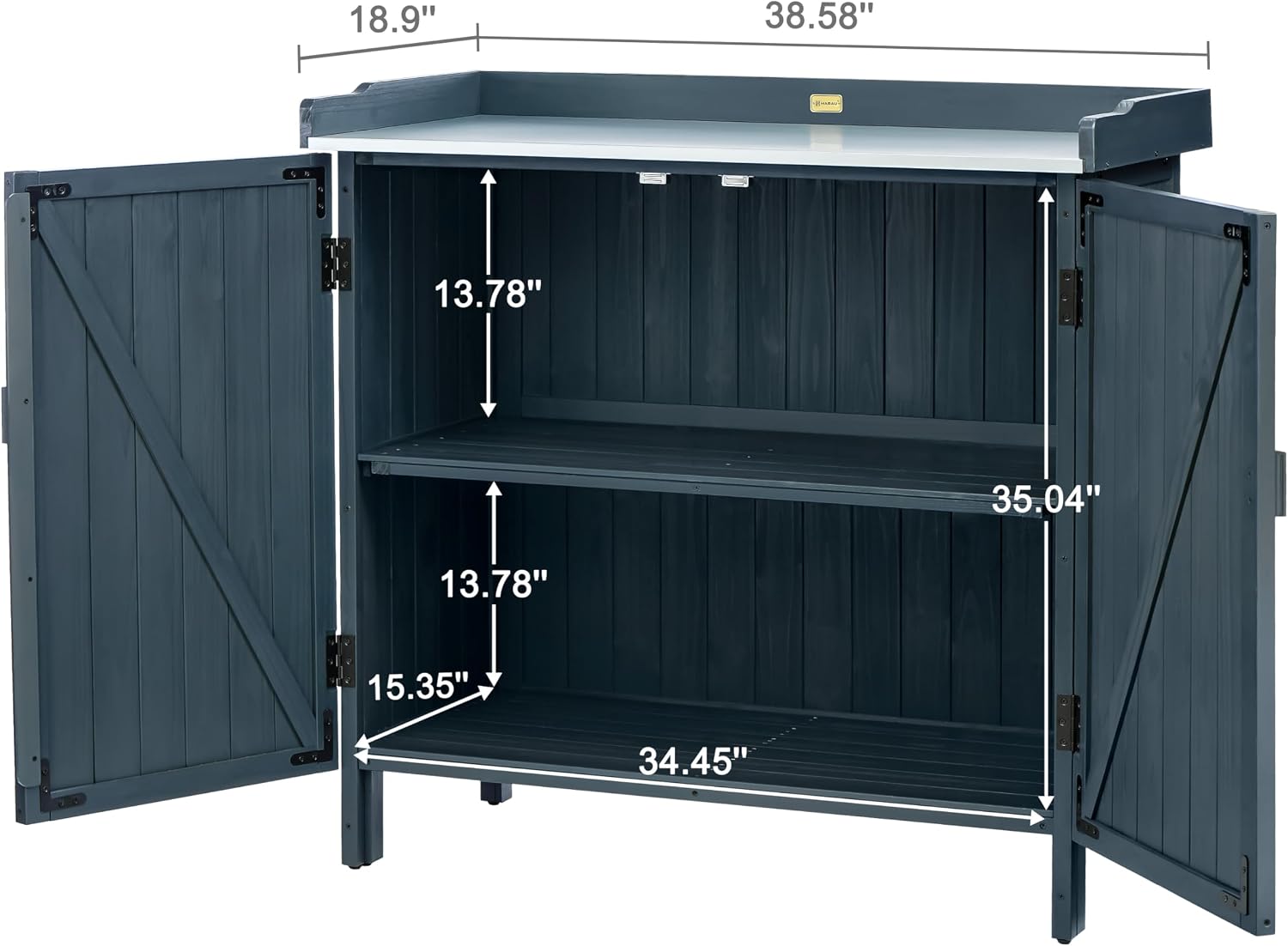 HABAU Outdoor Storage Cabinet with Potting Bench & Metal Tabletop, Wooden Planting Workstation for Garden Patio, Weatherproof