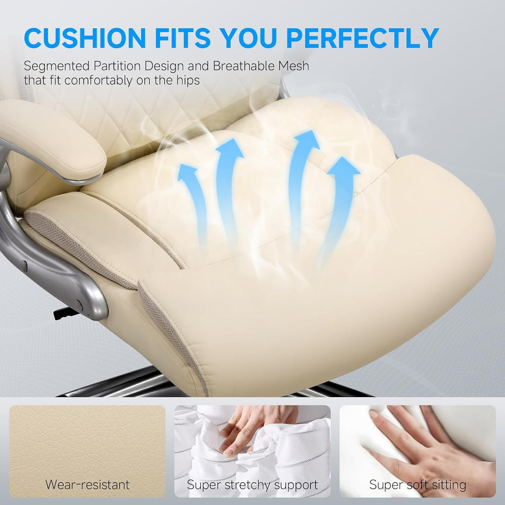 COMHOMA Big and Tall High Back Office Chair 400LBS Wide Leather Executive Chair Height Adjustable Lumbar Support & Armrests, Comfy Desk Gaming Chairs Computer Swivel Chair, Beige