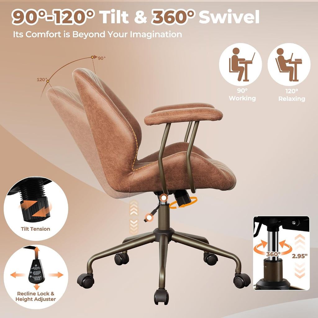 ovios Ergonomic Office Chair, Mid Back Faux Leather Executive Chairs with Armrests, Comfy Mid-Century Modern Swivel Rolling Computer Armchair (Brown, Suede Leather)