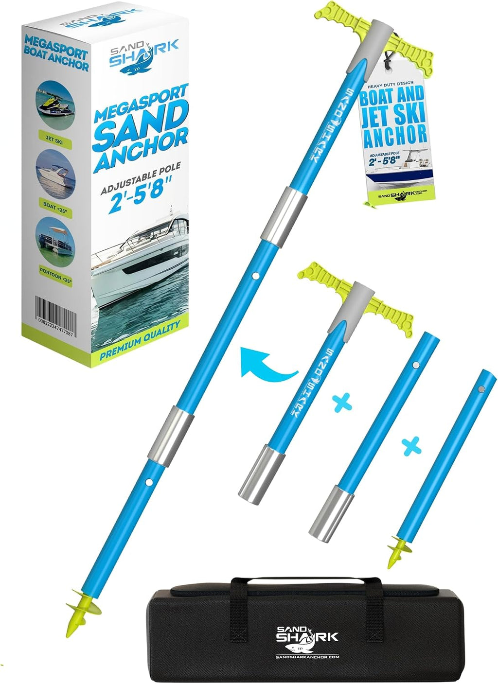SandShark Supersport 3.0 Shallow Water Anchor - Great Jet Ski, PWC, Pontoon Boat Accessory - Adjusts 29'-48' w/Case