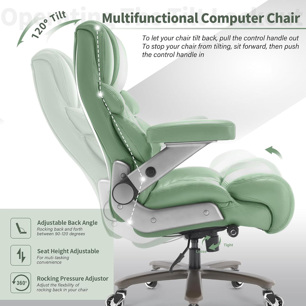 VUZI 700lbs Big and Tall Office Chair-Large Computer Chair with Adjustable Lumbar Support 3D Flip Arms Plus Size Wheels, High Back Executive Desk Chair, Heavy Duty Metal Base, Thick Padded Wide Seat