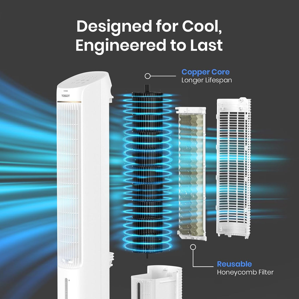 TOSOT Evaporative Air Cooler, 43' Tower Fan Oscillating 80°, 3 Speed Quiet Cooling Fan with 2 Ice Packs, Remote Control, Removable 4L Water Tank, Mist Floor Fan for Home Bedroom