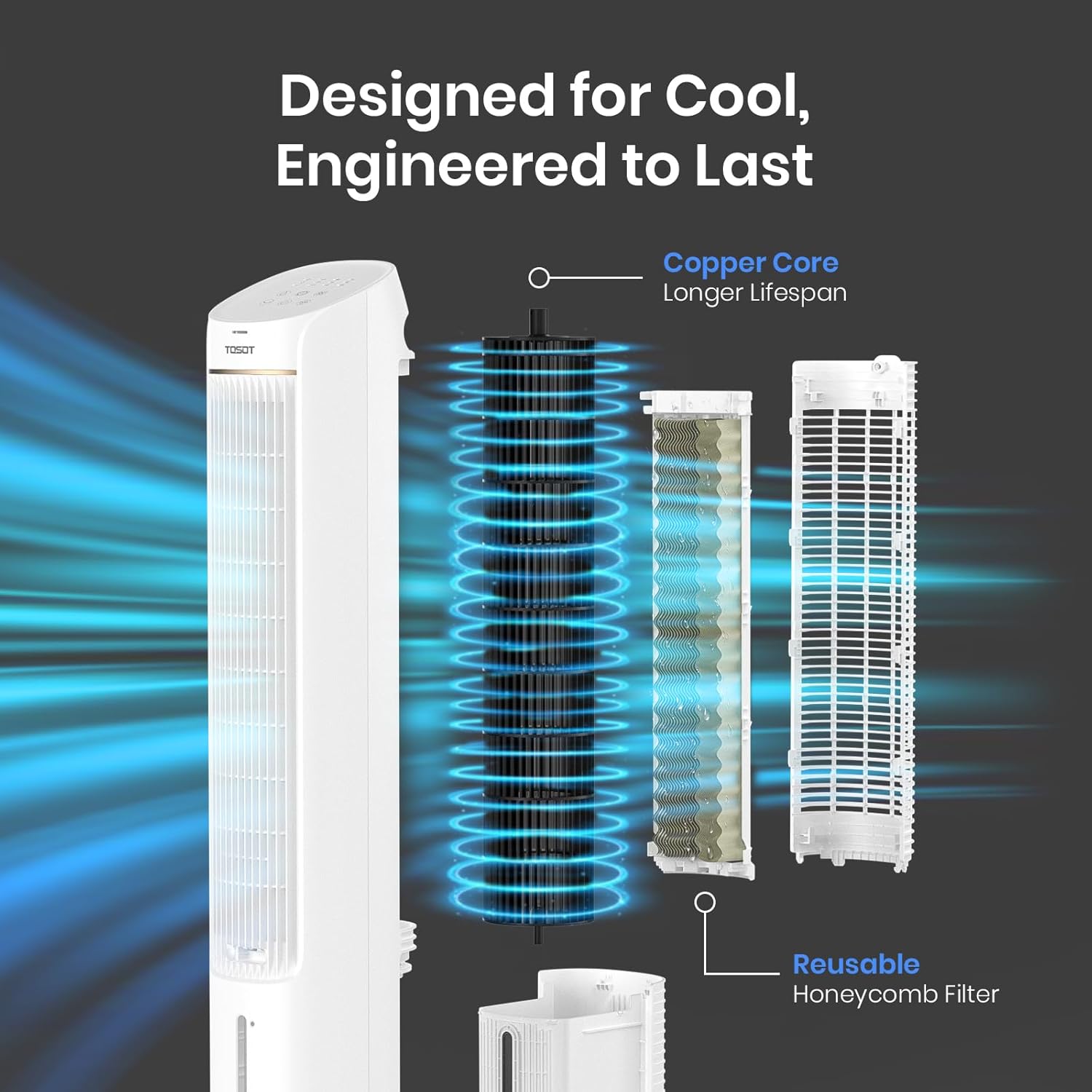 TOSOT Evaporative Air Cooler, 43' Tower Fan Oscillating 80°, 3 Speed Quiet Cooling Fan with 2 Ice Packs, Remote Control, Removable 4L Water Tank, Mist Floor Fan for Home Bedroom