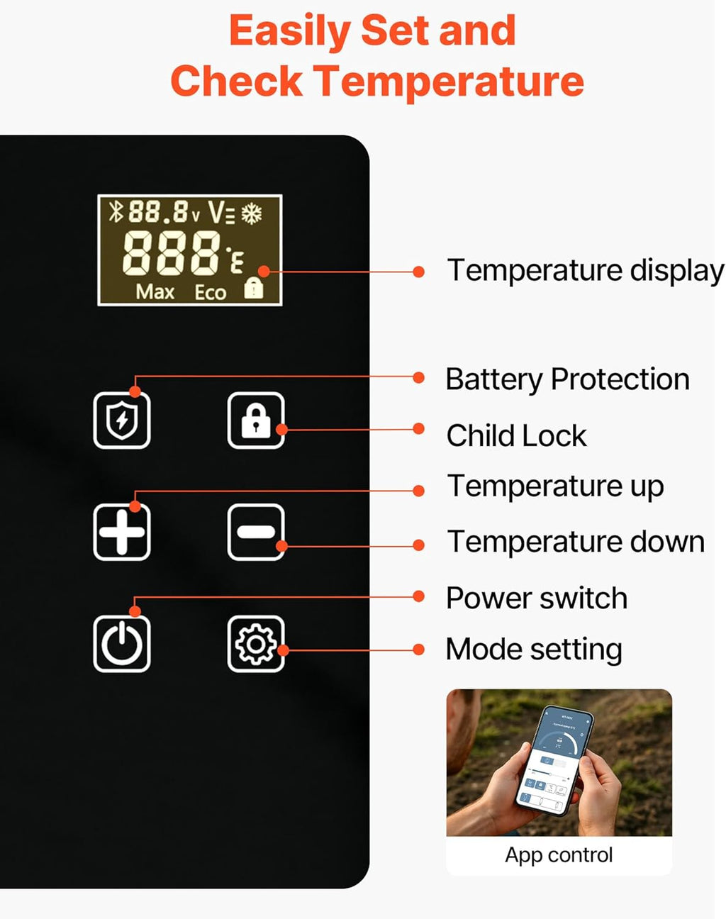 VEVOR Car Refrigerator, DC 12/24V AC100-240V Compressor Electric Cooler, -4°F to 68°F Car Fridge with APP Control, 21 QT Cars Freezer for RVs, Campsites, Boats, Camping, Fishing, 60W Portable Freezer