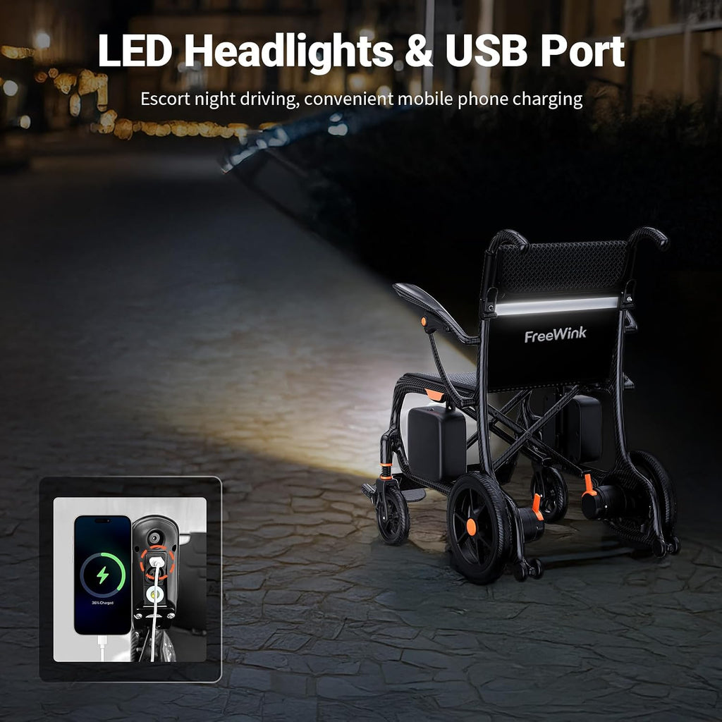 28lbs Ultralight 28 Miles Long Range 100% Carbon Fiber Travel Electric Wheelchairs for Adults, FreeWink Foldable Portable Electric Wheelchairs with 2 Lithium Batteries for All Terrain Airline Approved