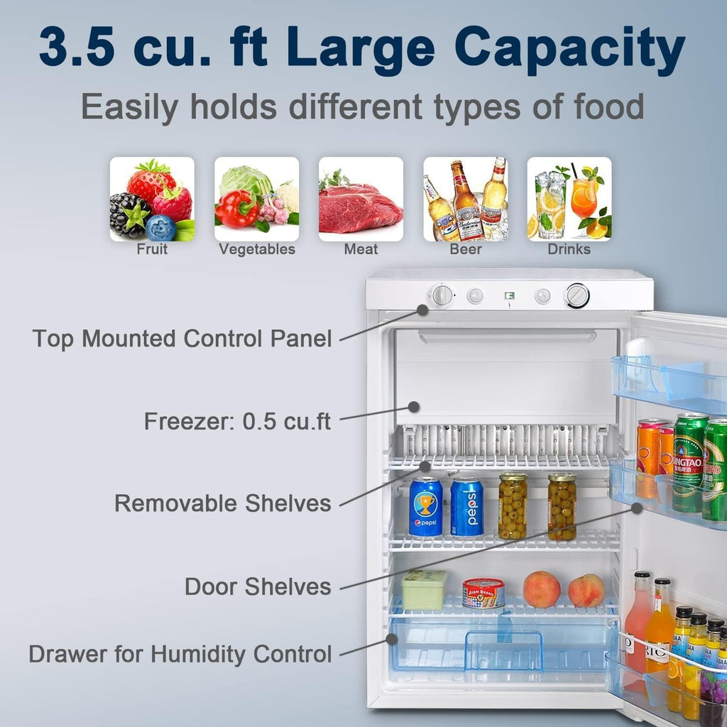 Smad 3.5 Cu.ft. Propane Refrigerator 3 Way Gas/110V/12V Refrigerator with Freezer for RV Camper with Electric/Gas Thermostat and Flame Indicator, White