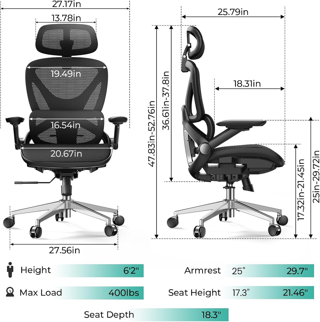 CAPOT Ergonomic Mesh Office Chair, Adjustable Lumbar High Back Desk Chair 400lbs, 4D Flip-up Arms, 3 Tilt Backrest, 3D Headrest, PU Wheels, Swivel Rolling Computer Chair for Long Desk Work - Black