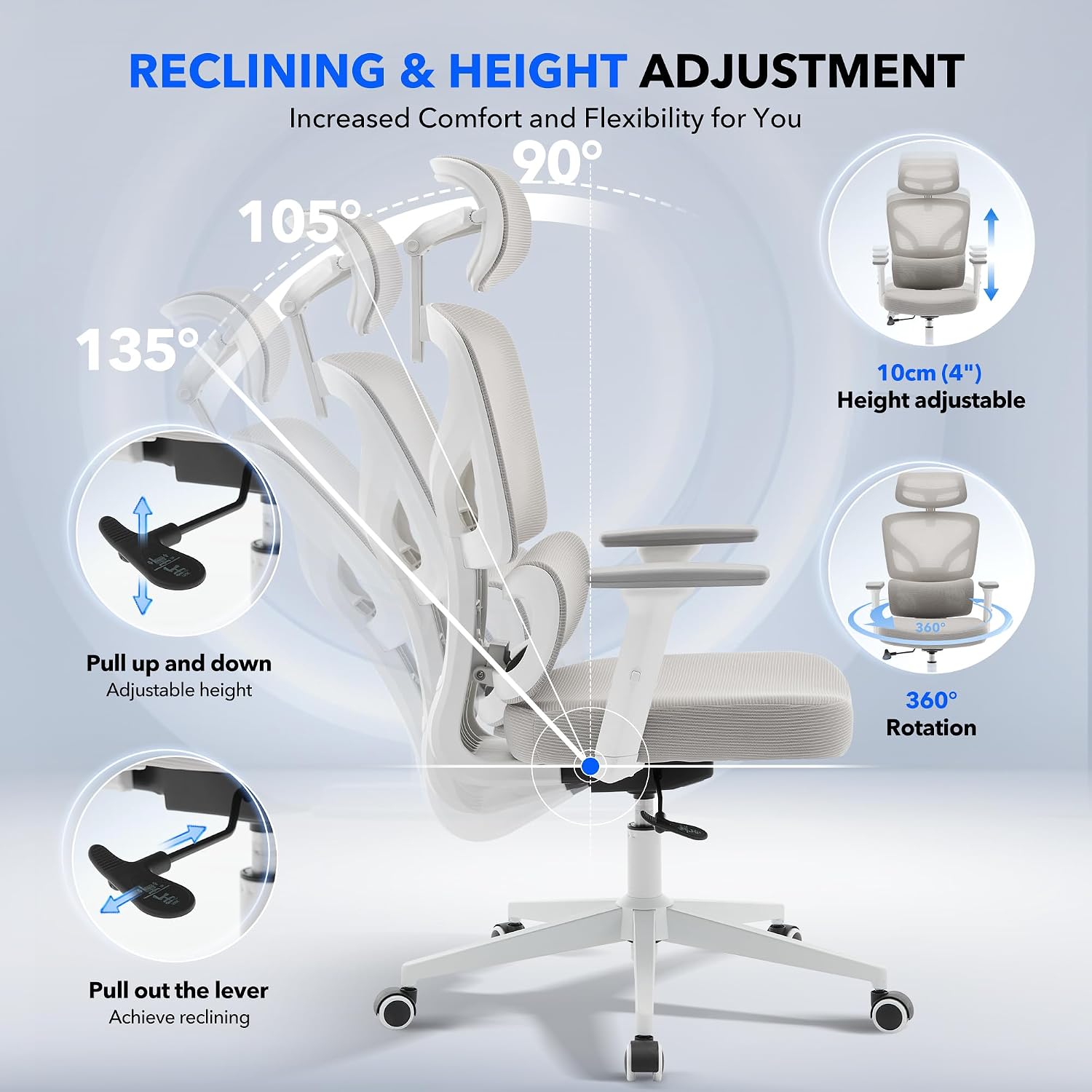 Office Chair Ergonomic Desk Chair - Home Mesh Office Desk Chair with Adjustable Lumbar Support, High-Back Computer Gaming Chair with Headrest 3D Armrests, Rolling Swivel Task Chairs for Home, Office