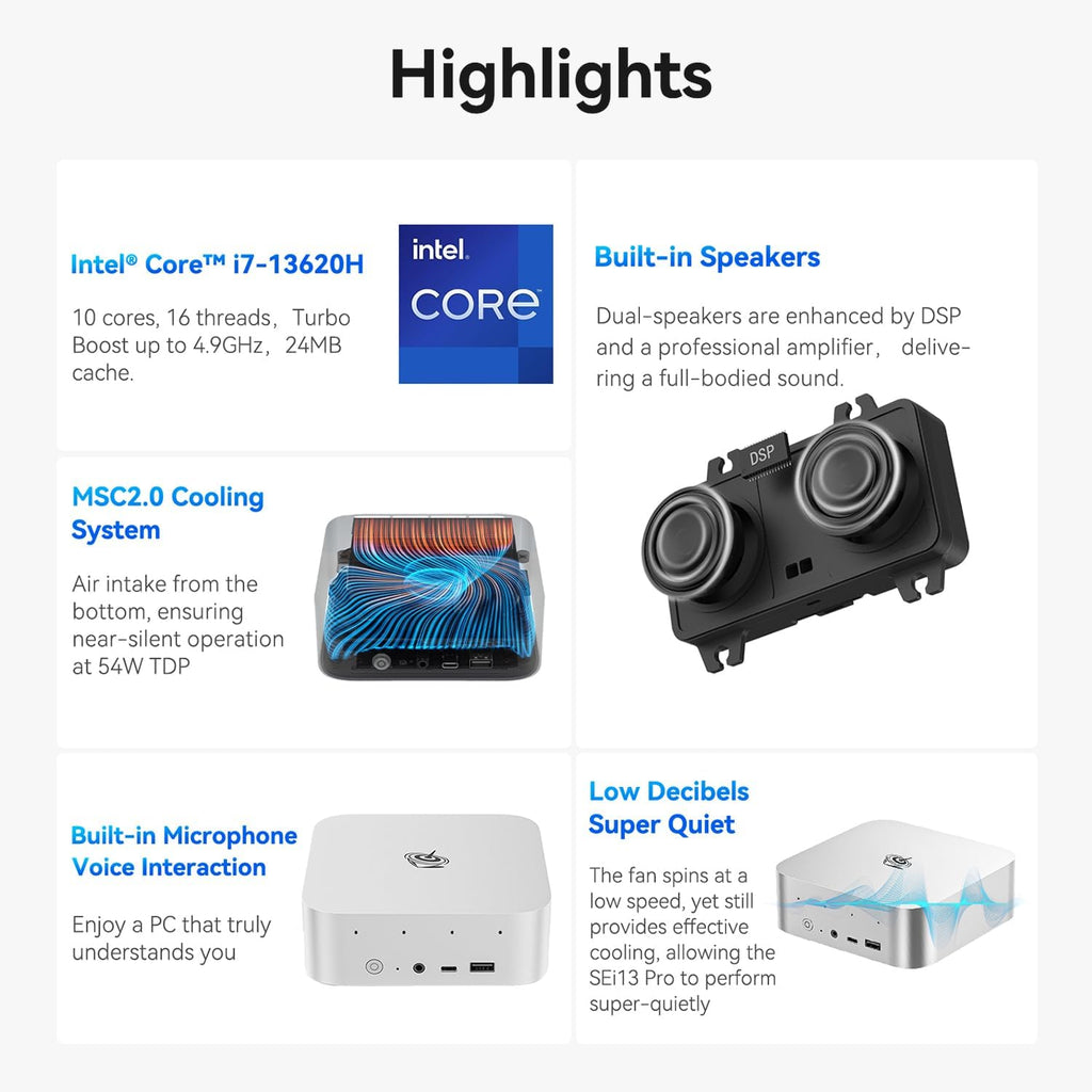 Beelink SEi13 Pro Mini PC W-11 Pro, i7-13620H 32G LPDDR5 1TB NVMe M.2 SSD, Mini Desktop Computer Suppoet Triple Display 4K@60Hz Output via HDMI +DP1.4+ USB-C(rear), WiFi 6+BT5.2+2.5G LAN Mini Computer