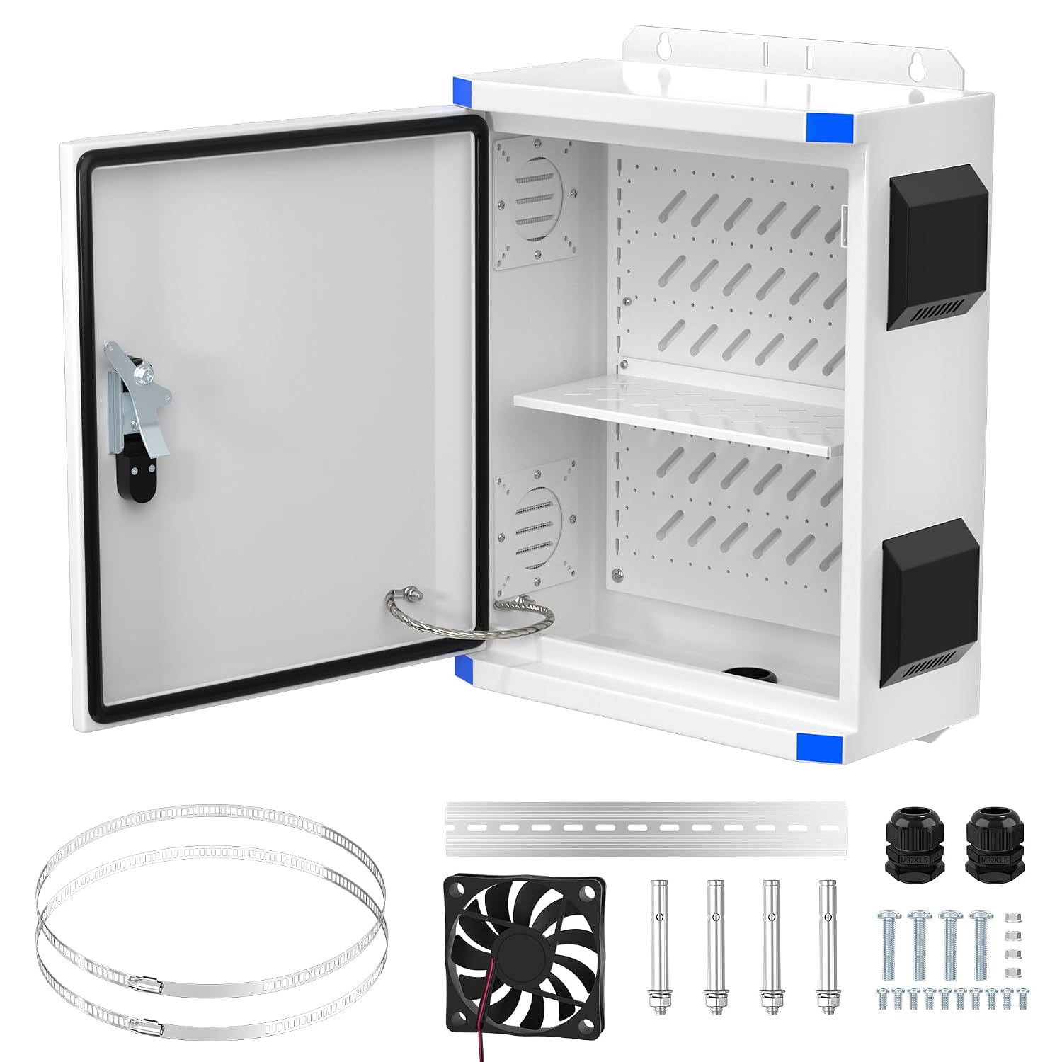 Joinfworld Outdoor Electrical Box 19.7'x15.7'x7.9' Metal Waterproof Vented Nema Enclosure with 12V Fan, Stainless Steel Junction Box with Cold Rolled Steel Plate Hinge Connection Din Rail